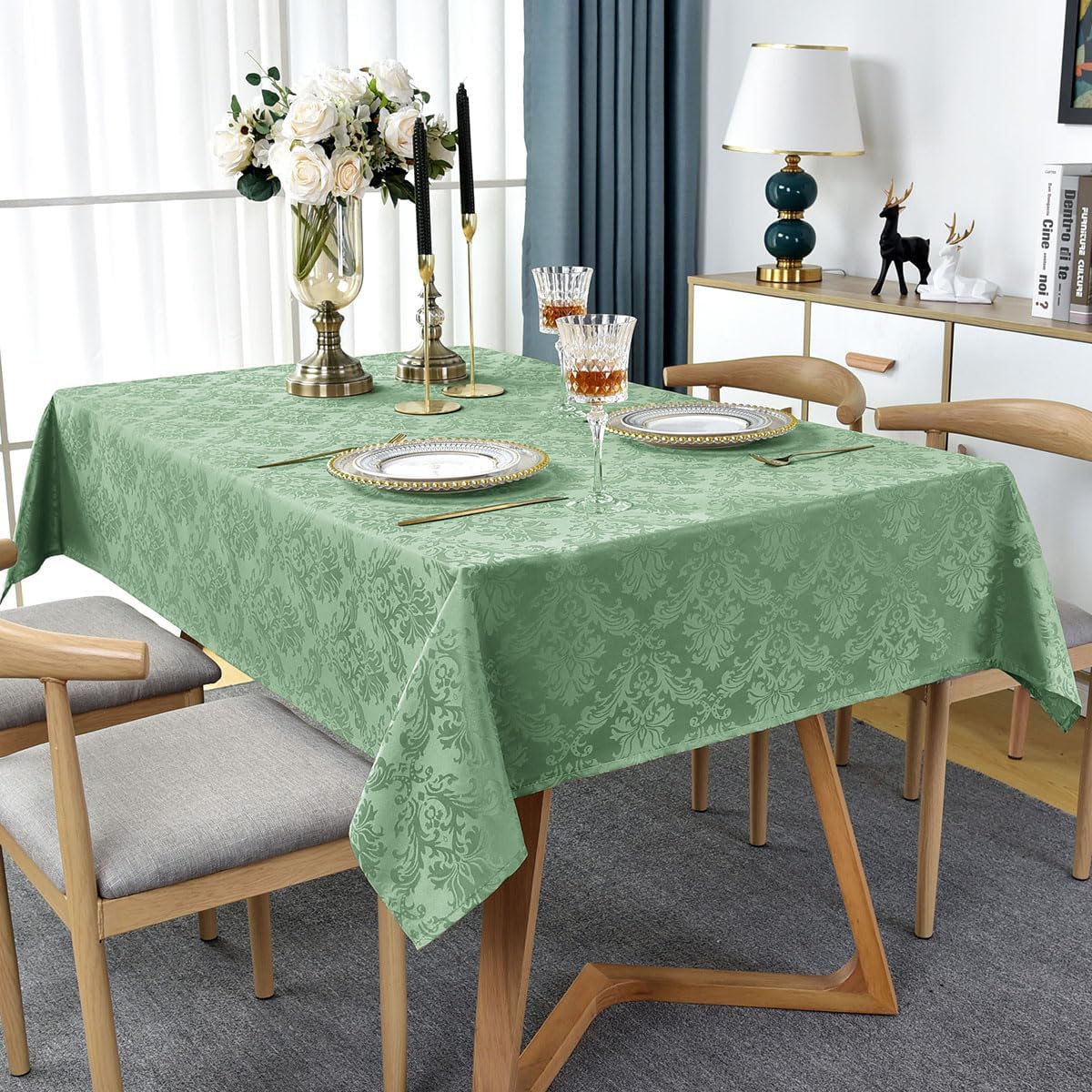 Flower Jacquard Rectangle Tablecloth 52 x 70 Inch Waterproof Wrinkle Free Washable Damask Table