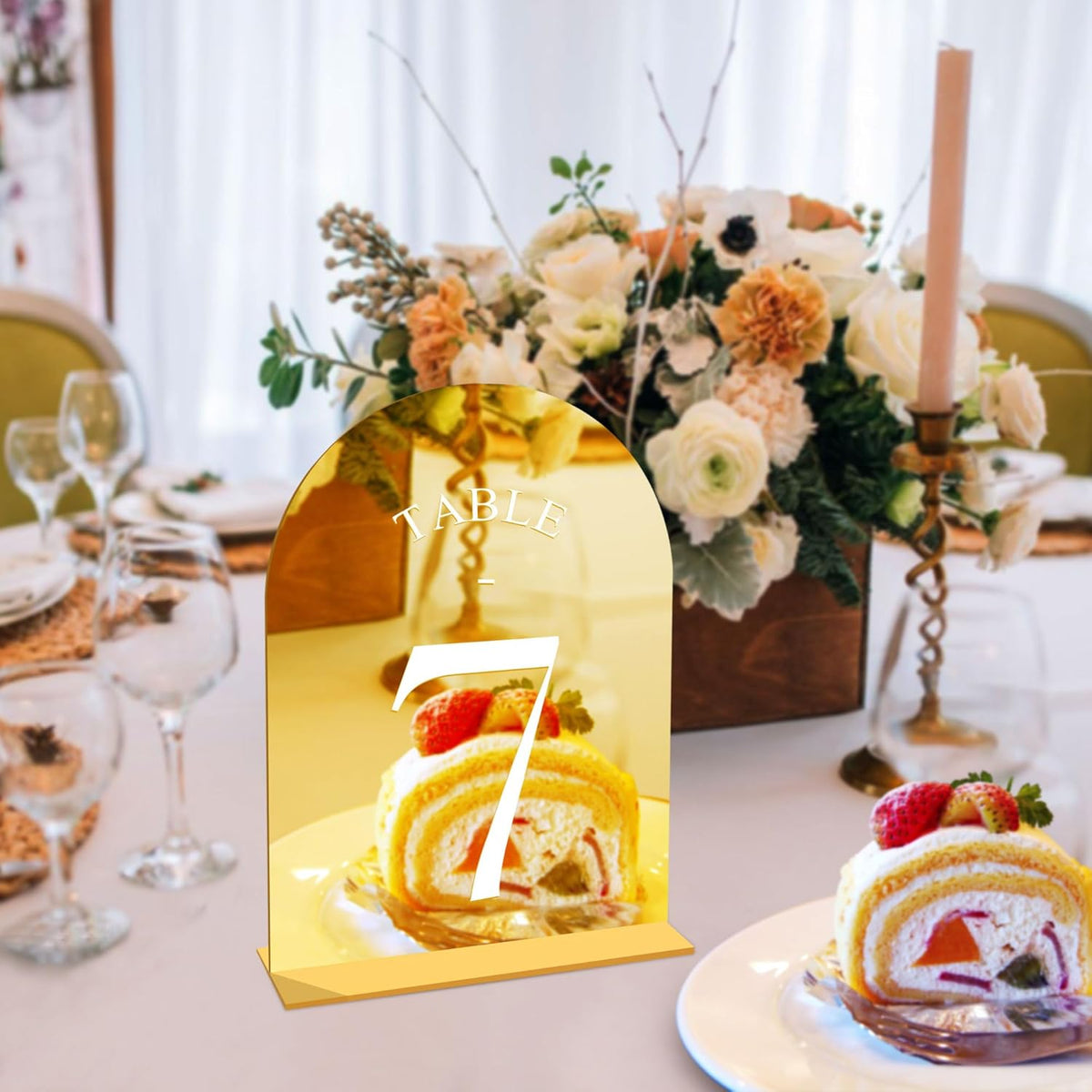 JOYIT Arch Wedding Table Numbers 1-20 with Stands – 5" X 7" Acrylic Mirrored Gold Table Number