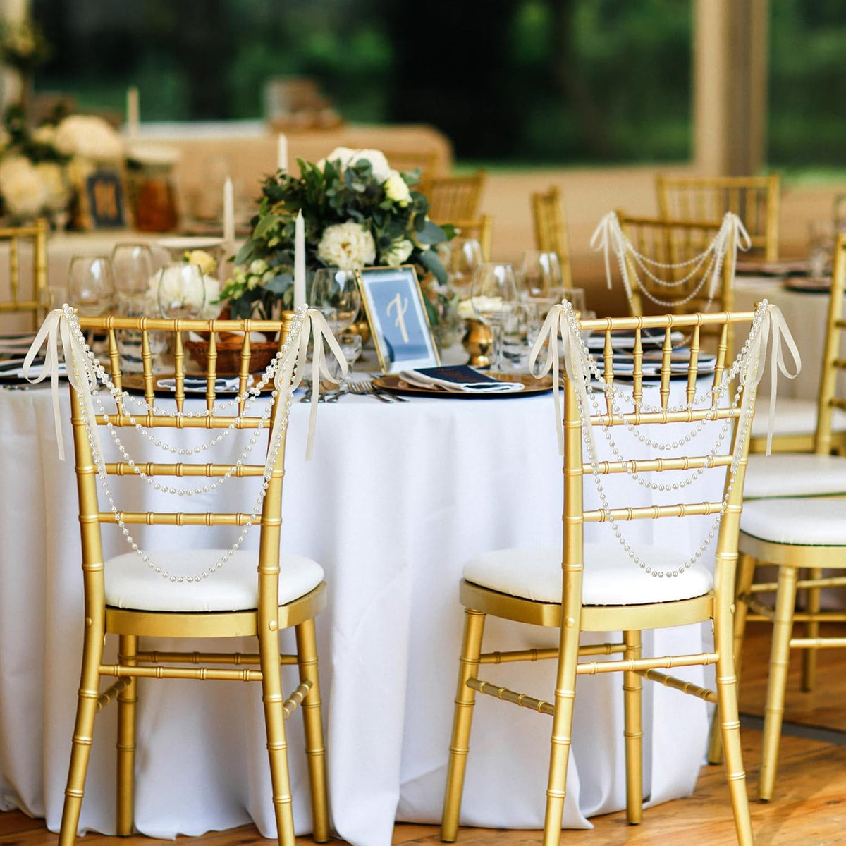 16 Pcs Wedding Pearl Bow Chair Decor Satin Ribbon Bows with Pearl Beaded String Garland Aisle Chair