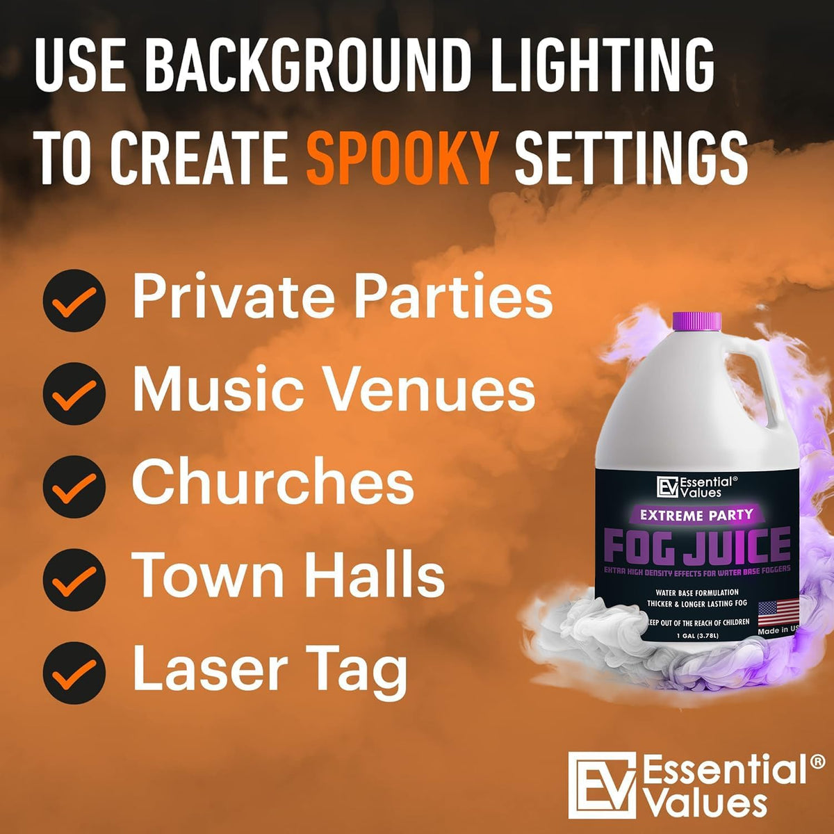 Essential Values Fog Machine Fluid - Extreme High Density Fog Juice (128 FL OZ / 1 Gallon)
