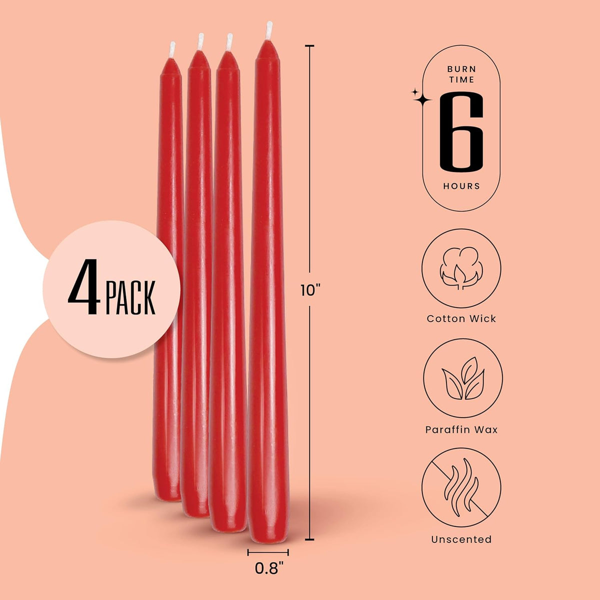 Leor & Lair Red Taper Candles - 4 Pack 10" Christmas Candlesticks - Unscented Long Burning Red