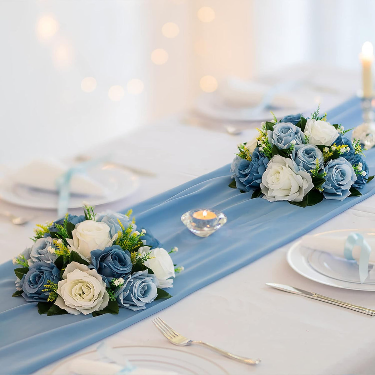 BLOSMON Flower Ball Centerpieces for Table 2 Pcs Fake Rose Centerpiece Flowers Dusty Blue