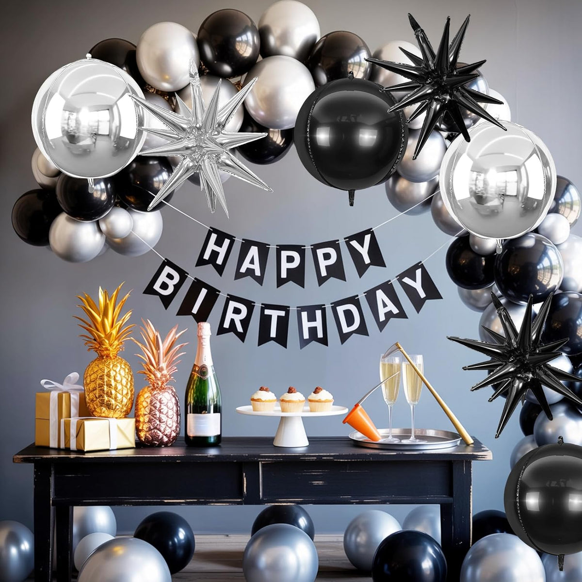 6Pcs Black Silver Foil Balloons,22Inch Black Silver 4D Round Ball Balloon and Explosion Star