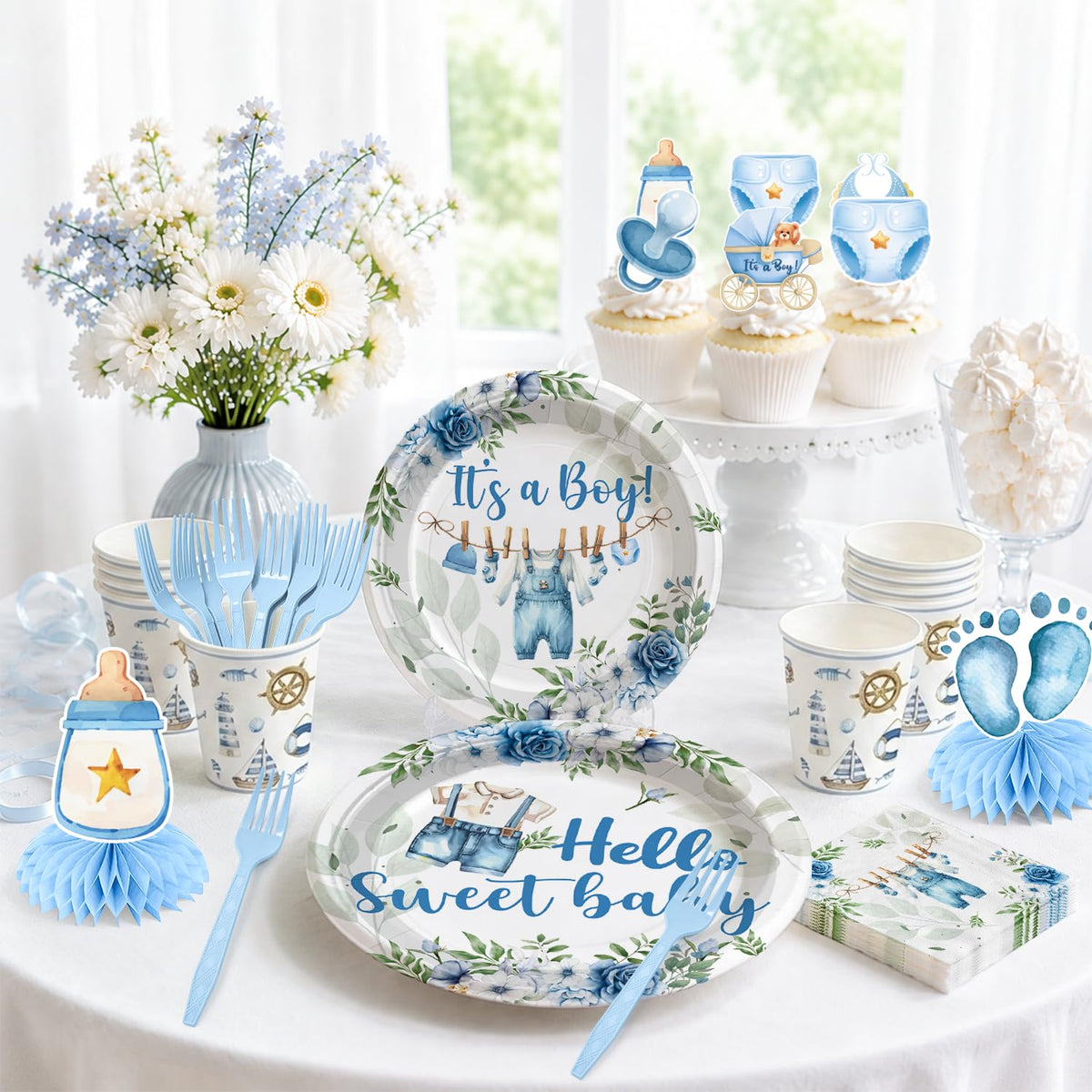 213Pcs Cocomigo Blue Baby Boy Shower Decorations Tableware Set, Serves 25