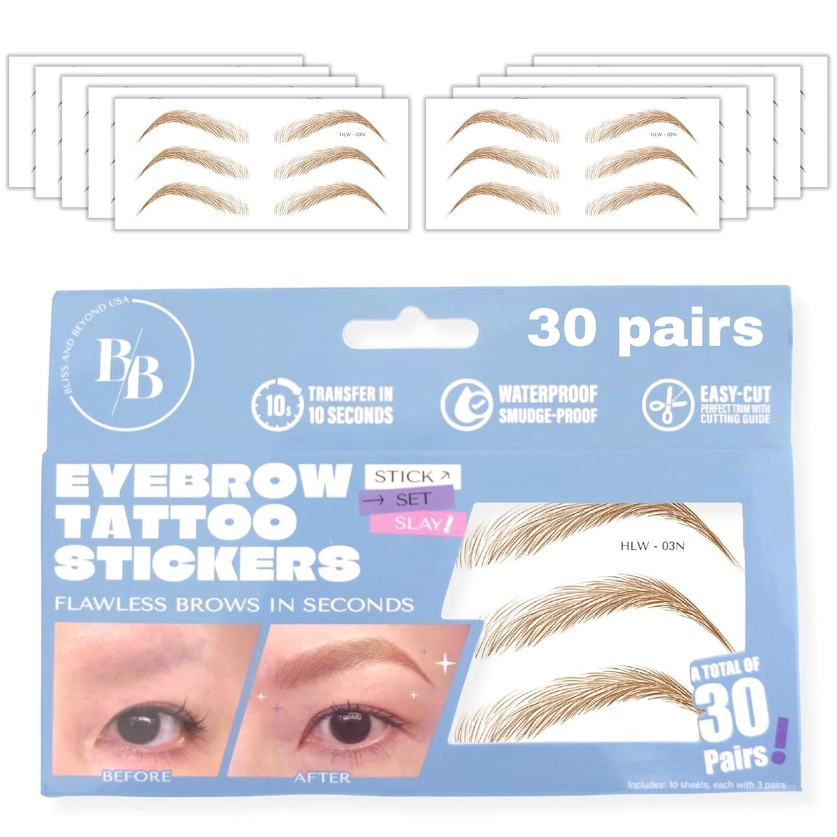 Bliss and Beyond USA Eyebrow Tattoo Stickers Waterproof – 30-Pair Deluxe Box | Realistic Hair-Like