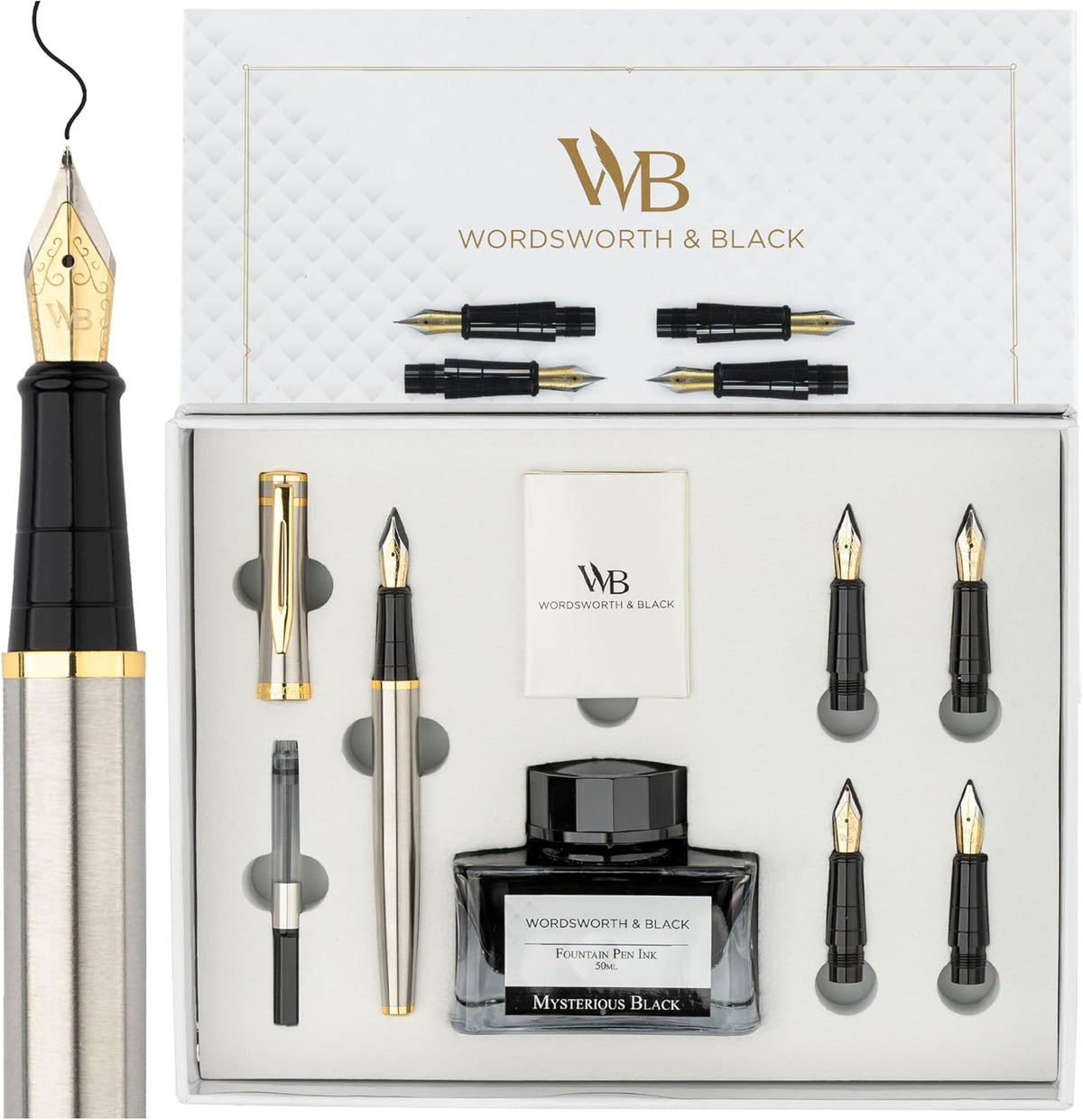 Wordsworth & Black Fountain Pen Gift Set, Includes Ink Bottle, 6 Ink Cartridges, Refill Converter
