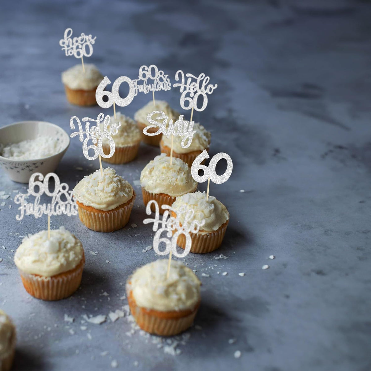 30Pcs Happy 60th Birthday Cupcake Toppers Silver Glitter Sixty Cake Toppers Cheers to 60 Years Old