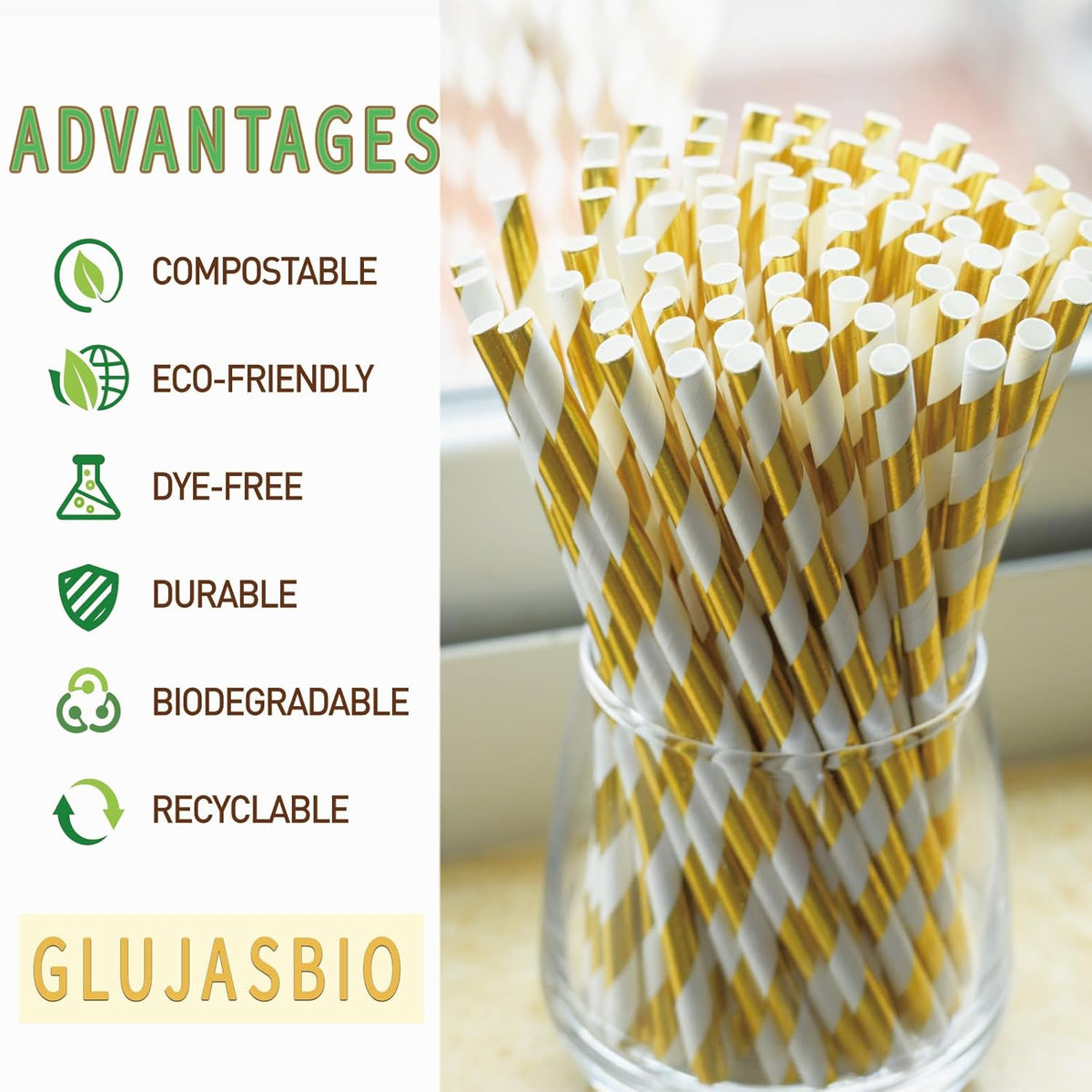 Gold White Stripe Paper Straws - 5.75 Inch Short Paper Drinking Straws, for Birthday, Wedding