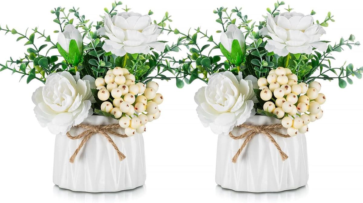 BLOSMON Table Decor Artificial Flowers Vase 7 Inch Small Fake Flower White Arrangement 2pcs Floral