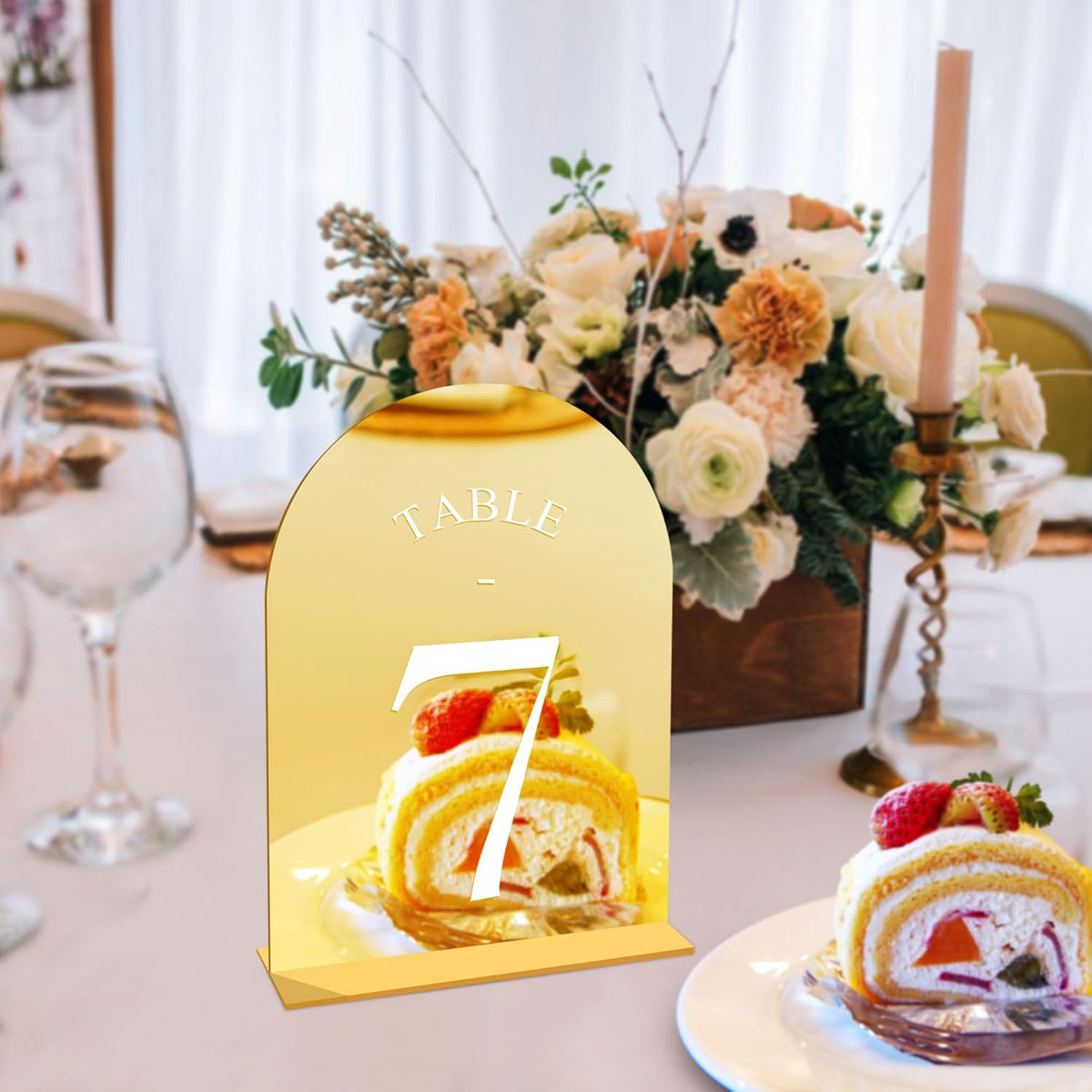 JOYIT Arch Wedding Table Numbers 1-10 with Stands – 5" X 7" Acrylic Mirrored Gold Table Number