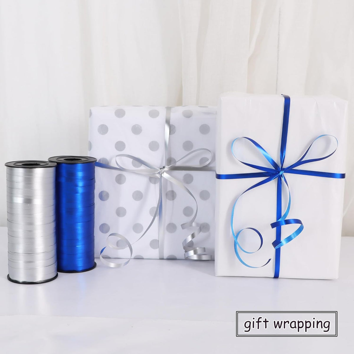 BEISHIDA Blue and Silver Curling Ribbons Balloon String Ribbons - 2 Pack 100 Yards for Gift