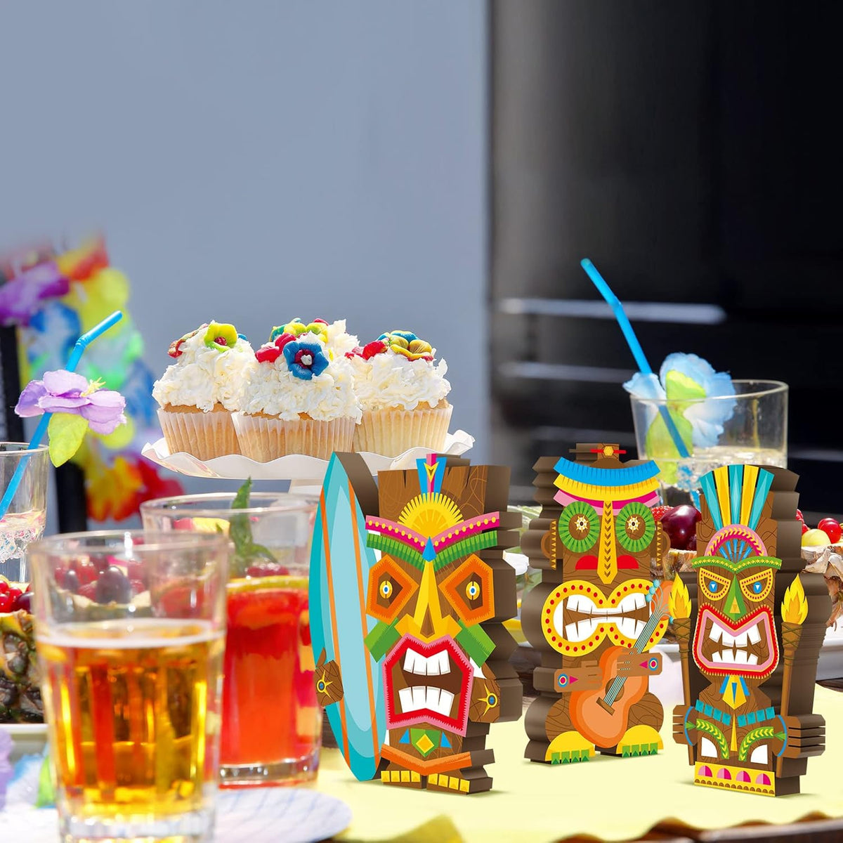Blulu 3 Pcs Tiki Party Decor Hawaiian Luau Party Decorations Tropical Aloha Wooden Bar Table Sign