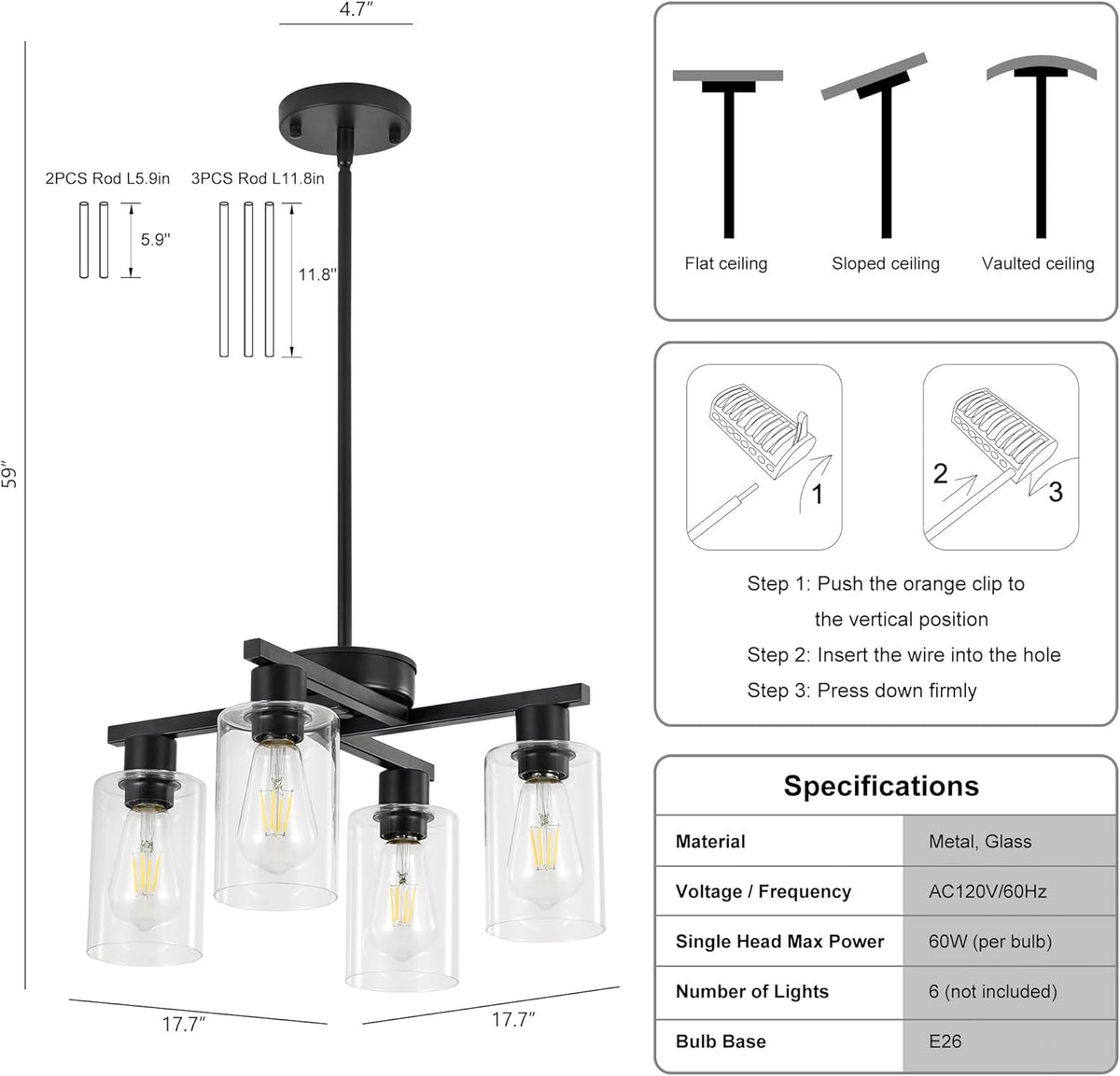 4-Light Modern Farmhouse Black Chandelier, Dining Room Light Fixture Over Table Adjustable Height