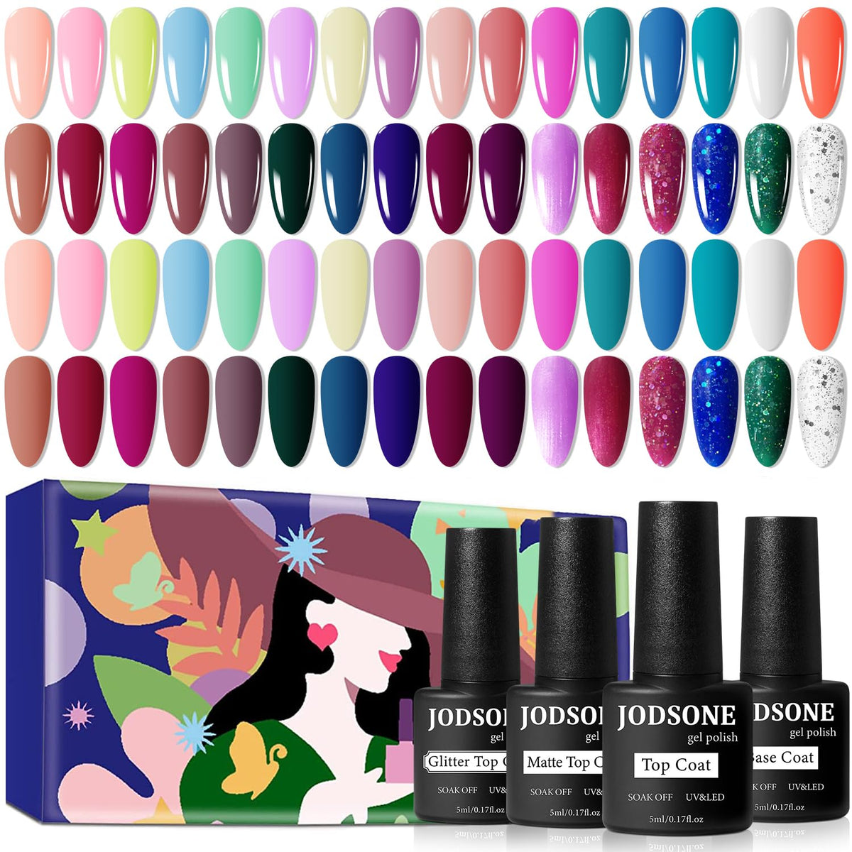 JODSONE 32+4 Pcs Gel Nail Polish Kit Soak Off Gel Polish Set Glitter Gel Nail Kit Nail Art Salon