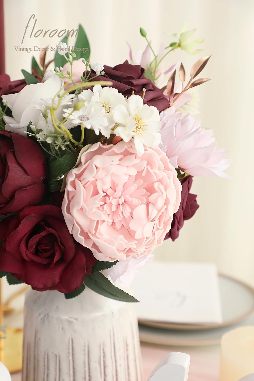 Floroom Blush Burgundy Artificial Flowers Dark Red Fake Roses Peonies Dahlia and Greenery Combo Box