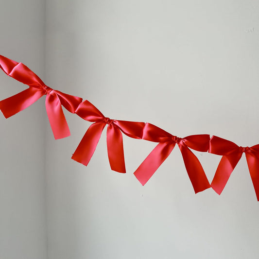 Pre-Assembled Red Bow Garland | Double Side Satin Silk Bow Banner 6FT+ 3ft Extend Ribbon for