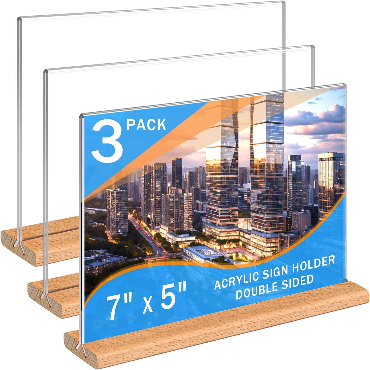 Kersally Acrylic Sign Holder 7 x 5'', 3 Pack Double-Sided Clear Table Display Stands with Wood