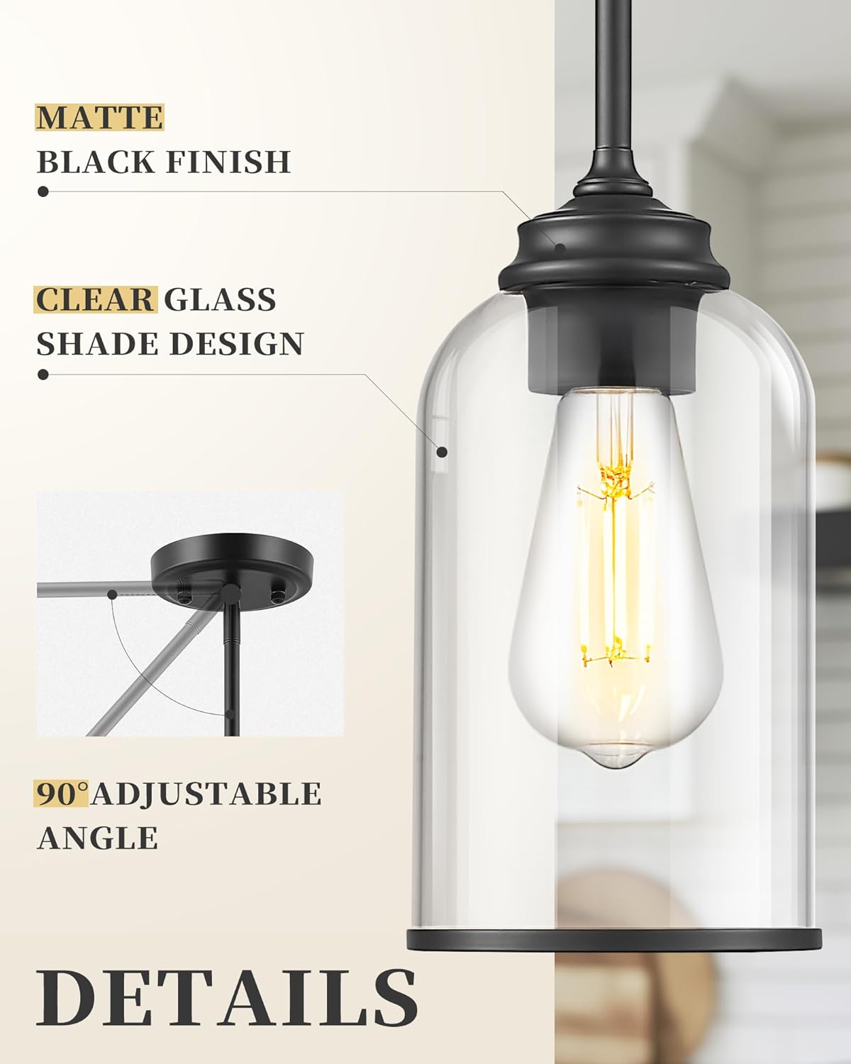 LIROUVET 2 Pack Pendant Lights Kitchen Island, Modern Pendant Lights, Black Hanging Lamp with Clear