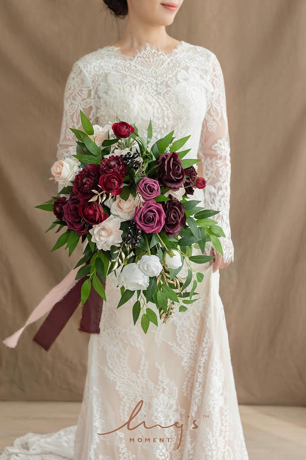 Ling's moment Burgundy Bridal Bouquet Cascading, Marsala Wedding Bouquets for Bride, 13 Inch Bride