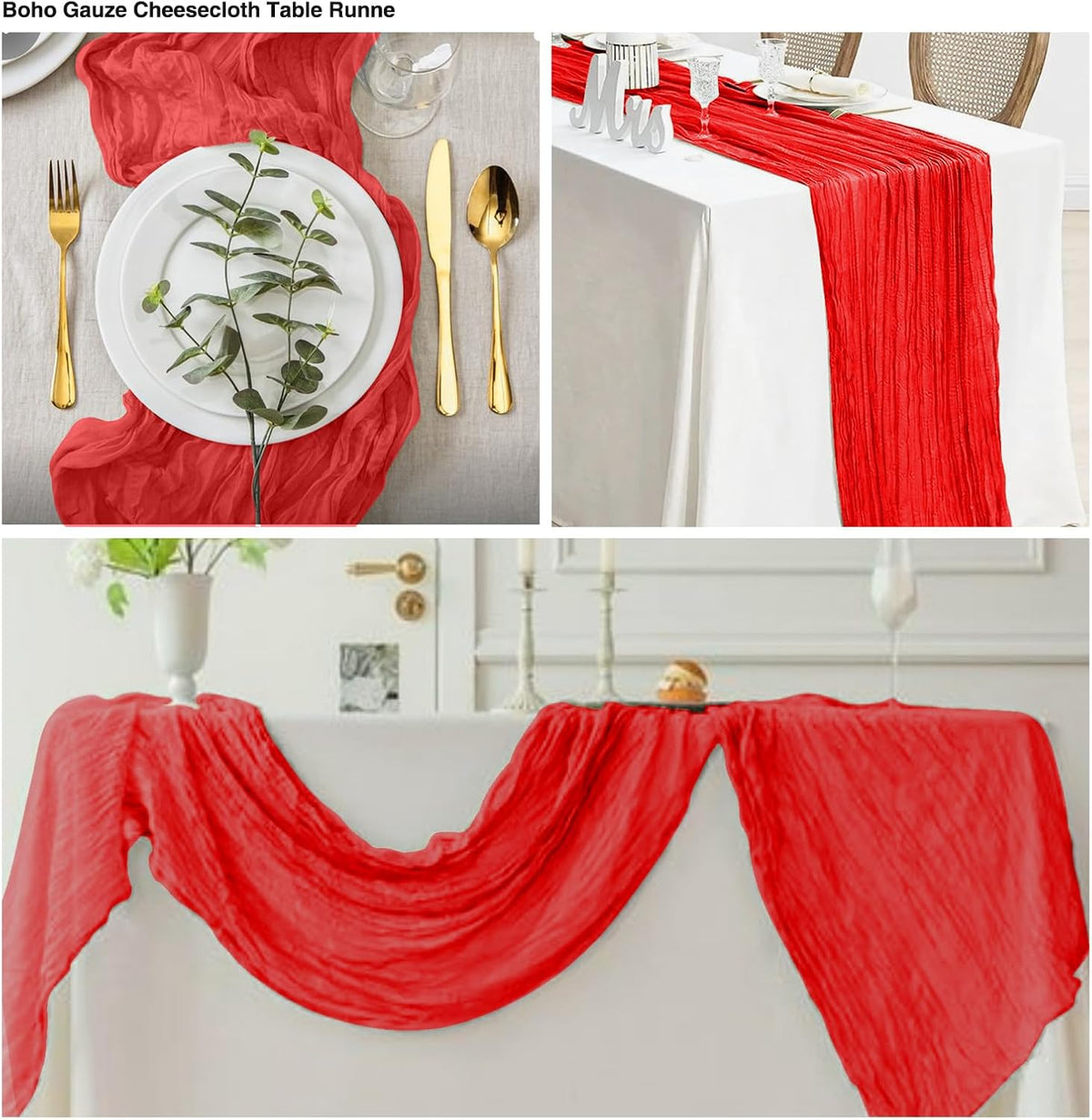 12 Pack Red 10 Ft Cheesecloth Table Runner 20x120 Inch Boho Wrinkled Sheer Romantic Gauze Decor for