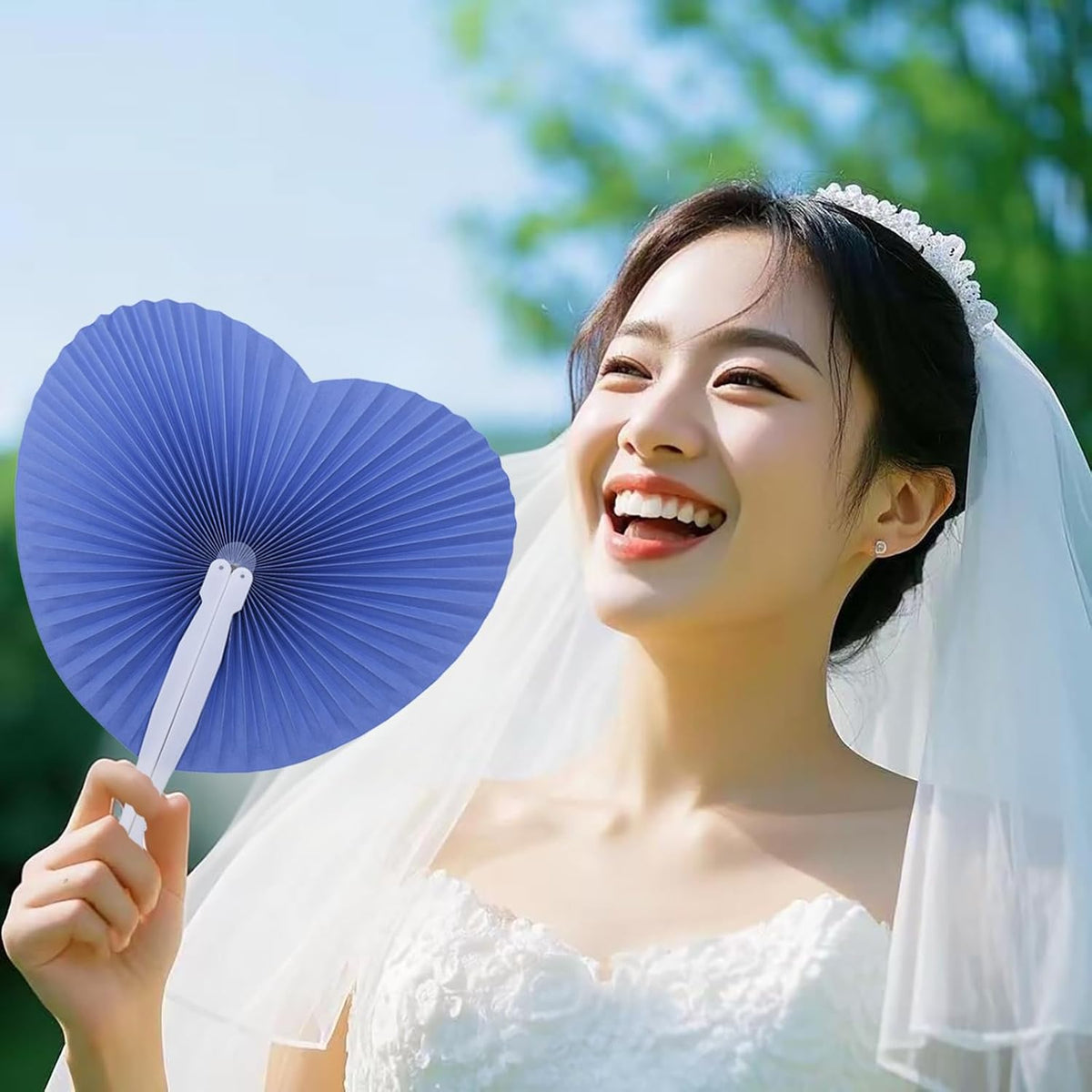 12 Packs Decorative Paper Folding Hand Fans Handheld,Navy Heart Foldable Wedding Fans Chinese and