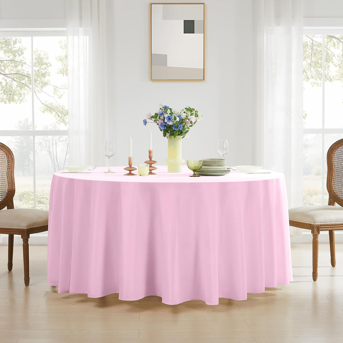 Round Tablecloth 2 Pack 108 Inch Pink Tablecloths Washable Decorative Linen Polyester Table Clothes