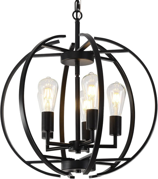 Large Lantern Globe Black Chandelier Lighting, Adjustable Hanging Ceiling Pendant 5 Light for
