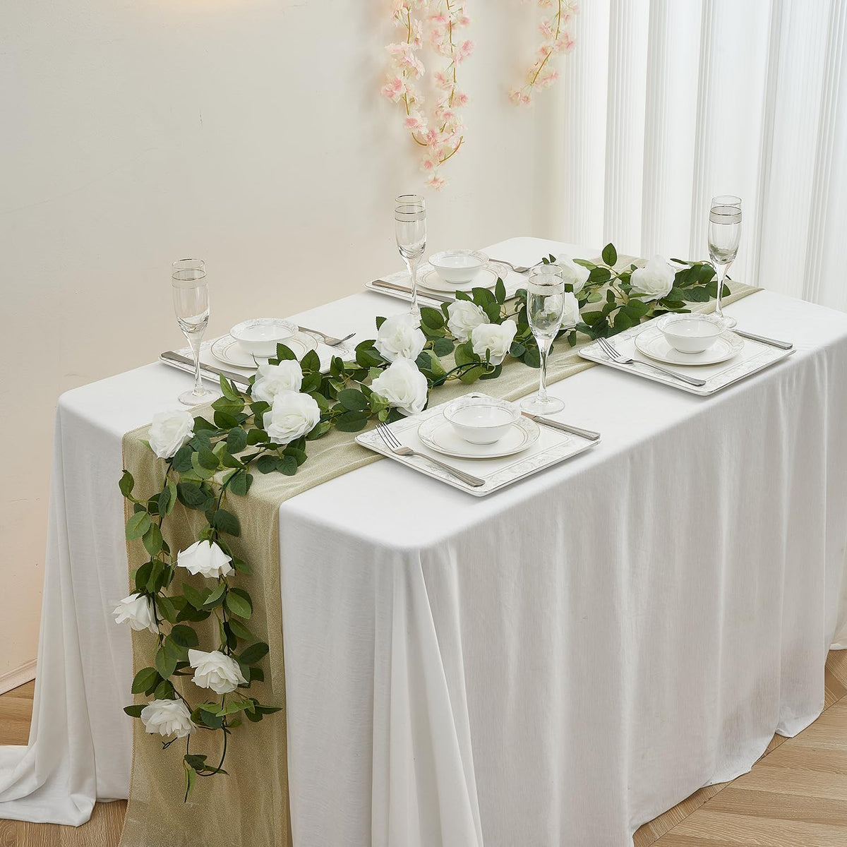 White Artificial Rose Garlands Rose Vines Leaves Banners Hanging Floral Garland Fake Rose Flower