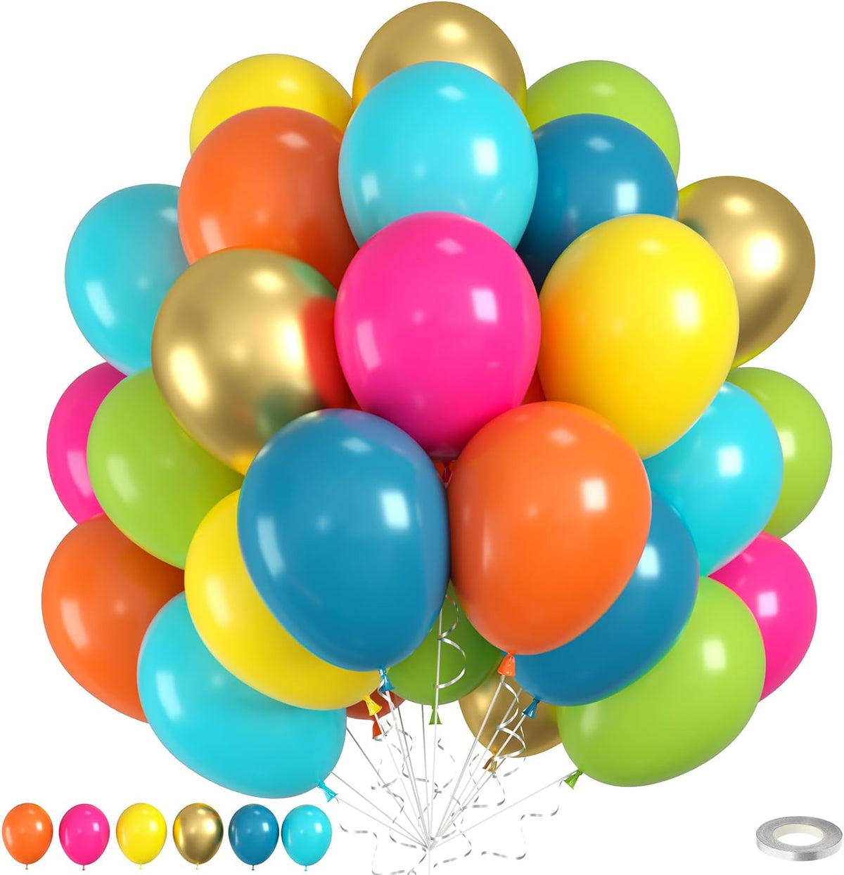 Rainbow Balloons, 60pcs Colorful Balloons, Matte Hot Pink Teal Blue Green Orange Yellow Gold