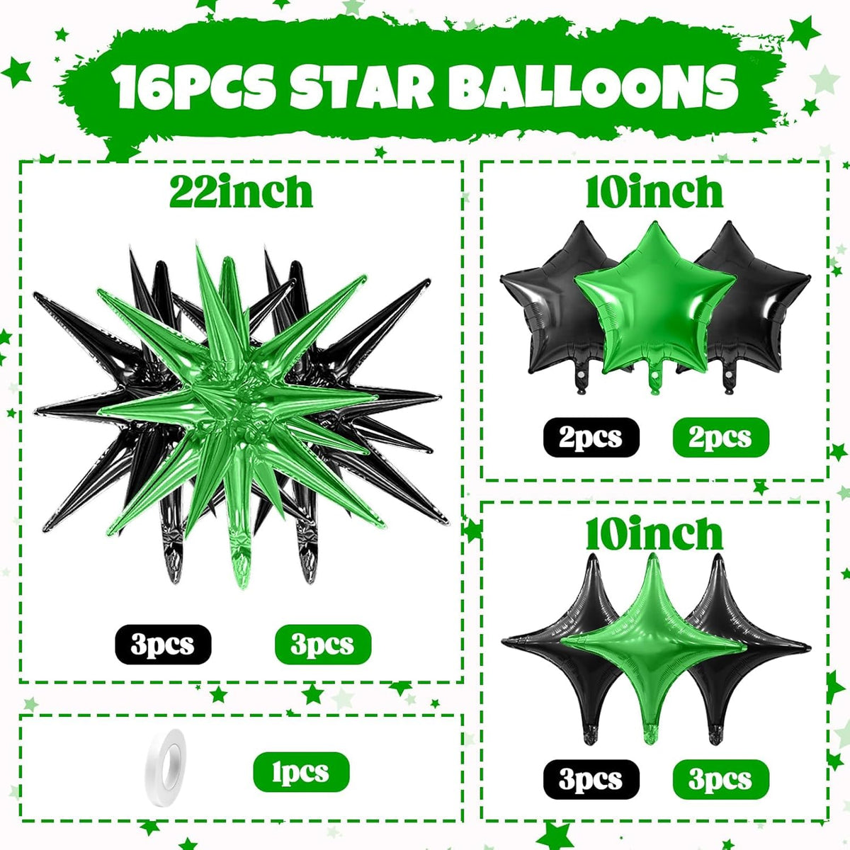 Black Green Star Balloon,16Pcs Star Foil Balloons Set with 22Inch Explosion Spike Cone Balloons and