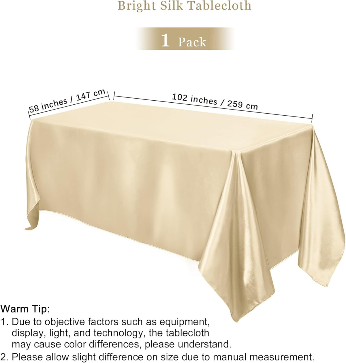TURSTIN 1 Pack Champagne Satin Tablecloth 102 x 58 Inch Overlay Satin Table Cover Rectangle Bright