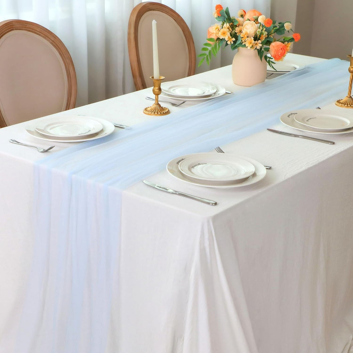 Snowkingdom Light Blue Cheesecloth Table Runner 10FT, Baby Blue Sheer Tulle Gauze Runner 120 Inch