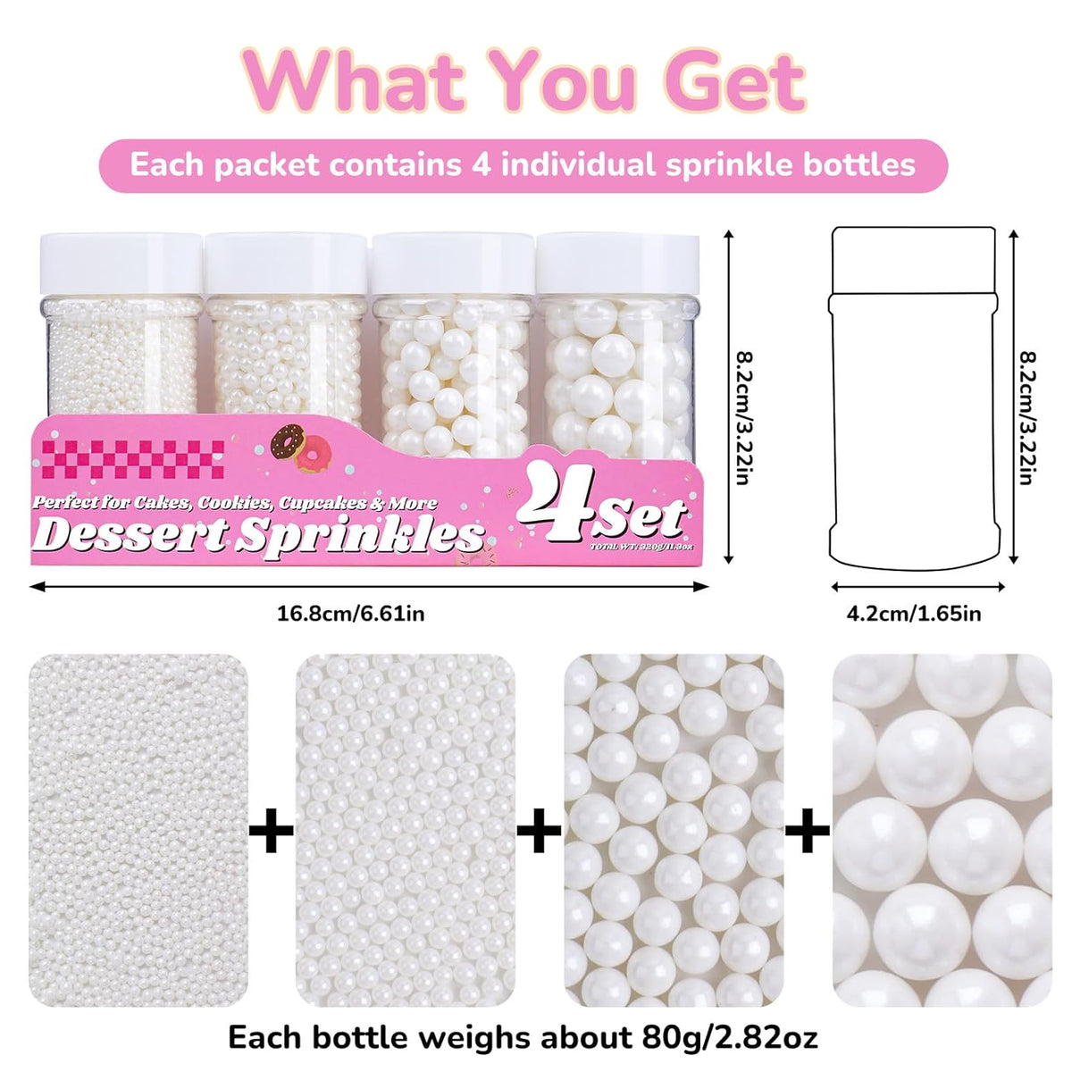 White Pearl Sprinkles for Cake Decorating, 11.3 Oz Edible Pearls Sugar 4 Sizes Gift Box Set for
