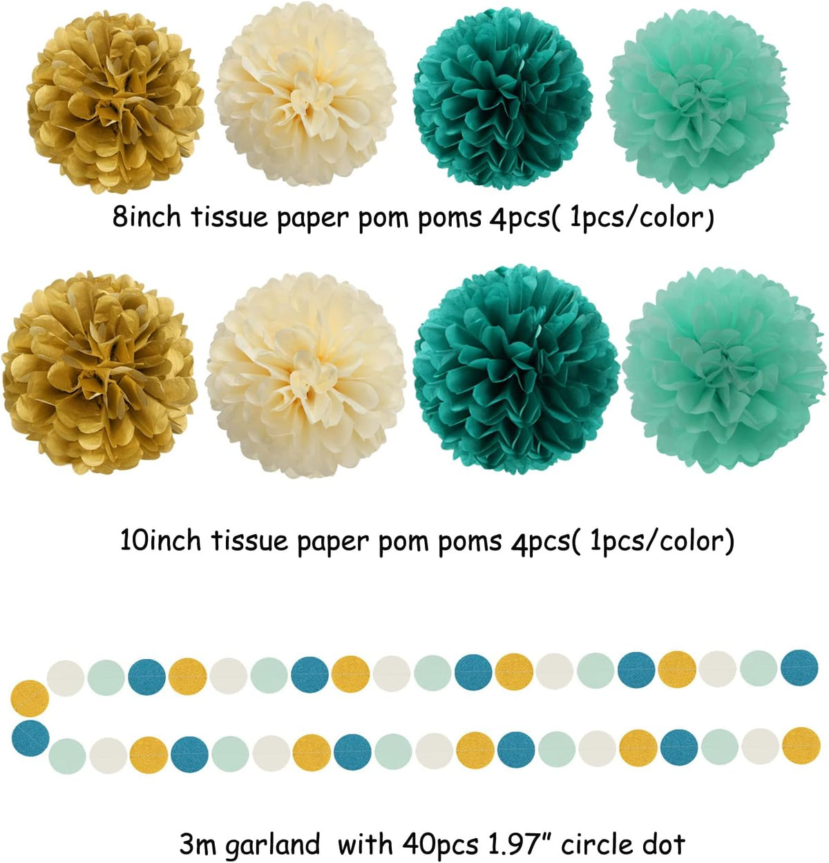 Teal-Blue Mint Beige-Gold Party Decorations - 30pcs Rustic Wedding Tissue Pom Poms Streamers,Tassel