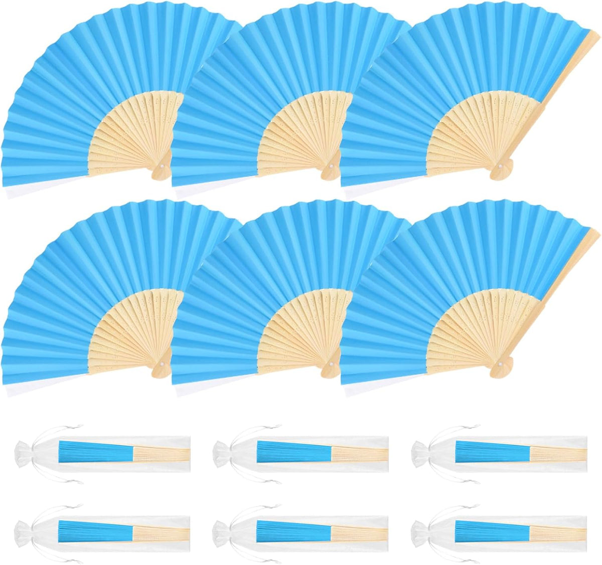 6 Pieces Blue Hand Held Bamboo Folding Fans Foldable Paper Fans Handheld for Women Girls Wedding