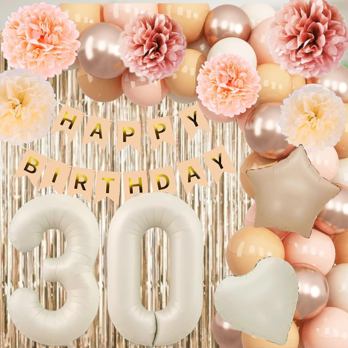 Beige 30th Birthday Decorations for Her Cream Number 30 Balloon Nude Gold Happy Birthday Banner