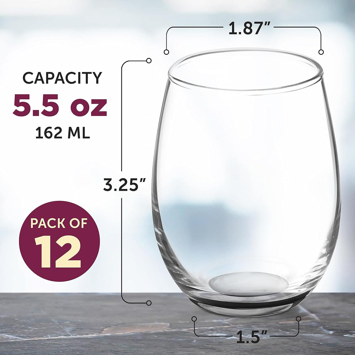 DISCOUNT PROMOS Stemless Wine Glasses by ARC 5.5 oz. Set of 12, Bulk Pack - Perfect for Hotel, Bar