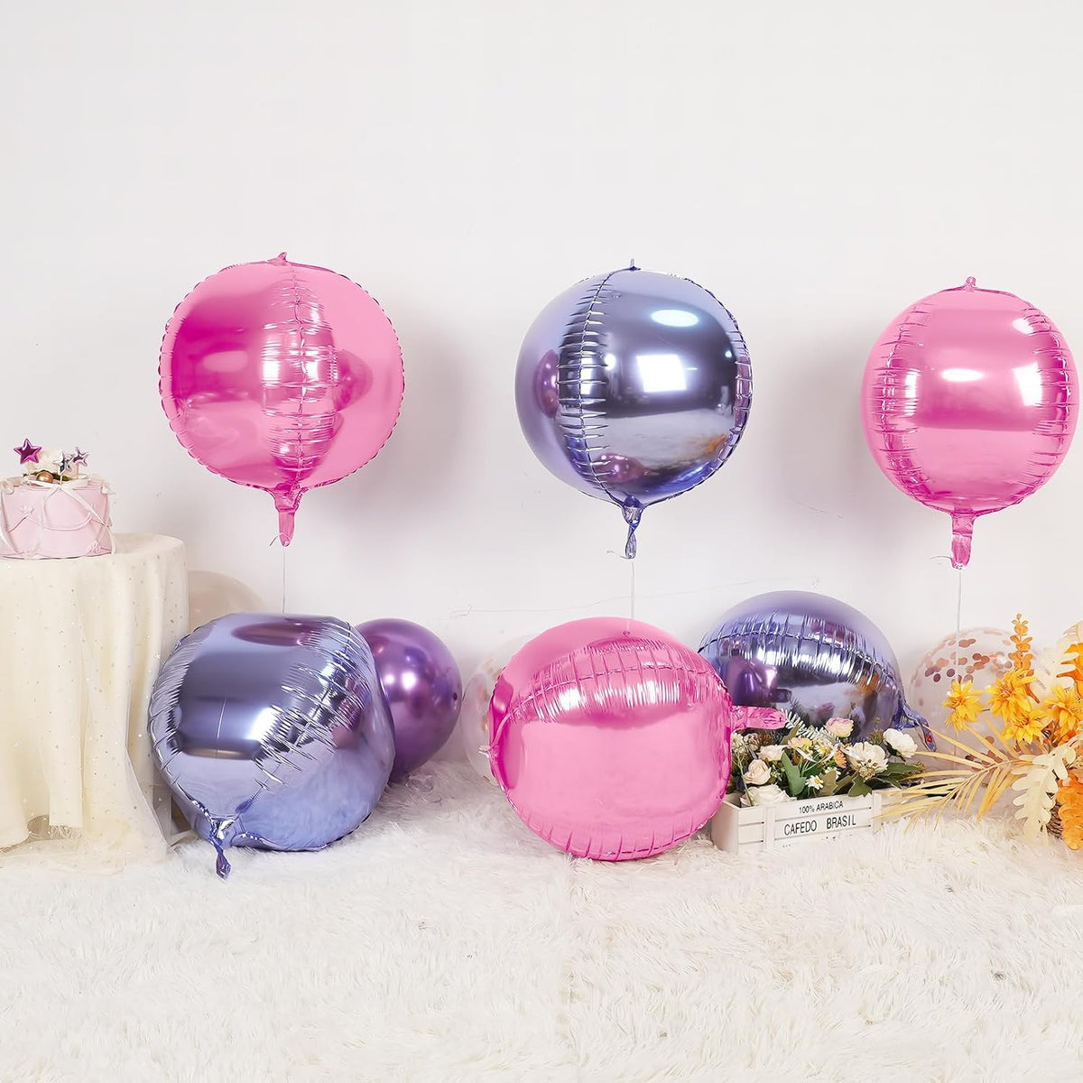 6Pcs Pink purple Round Foil Balloons,Giant 4D Round Ball Balloon,22 Inch Metallic Pink purple