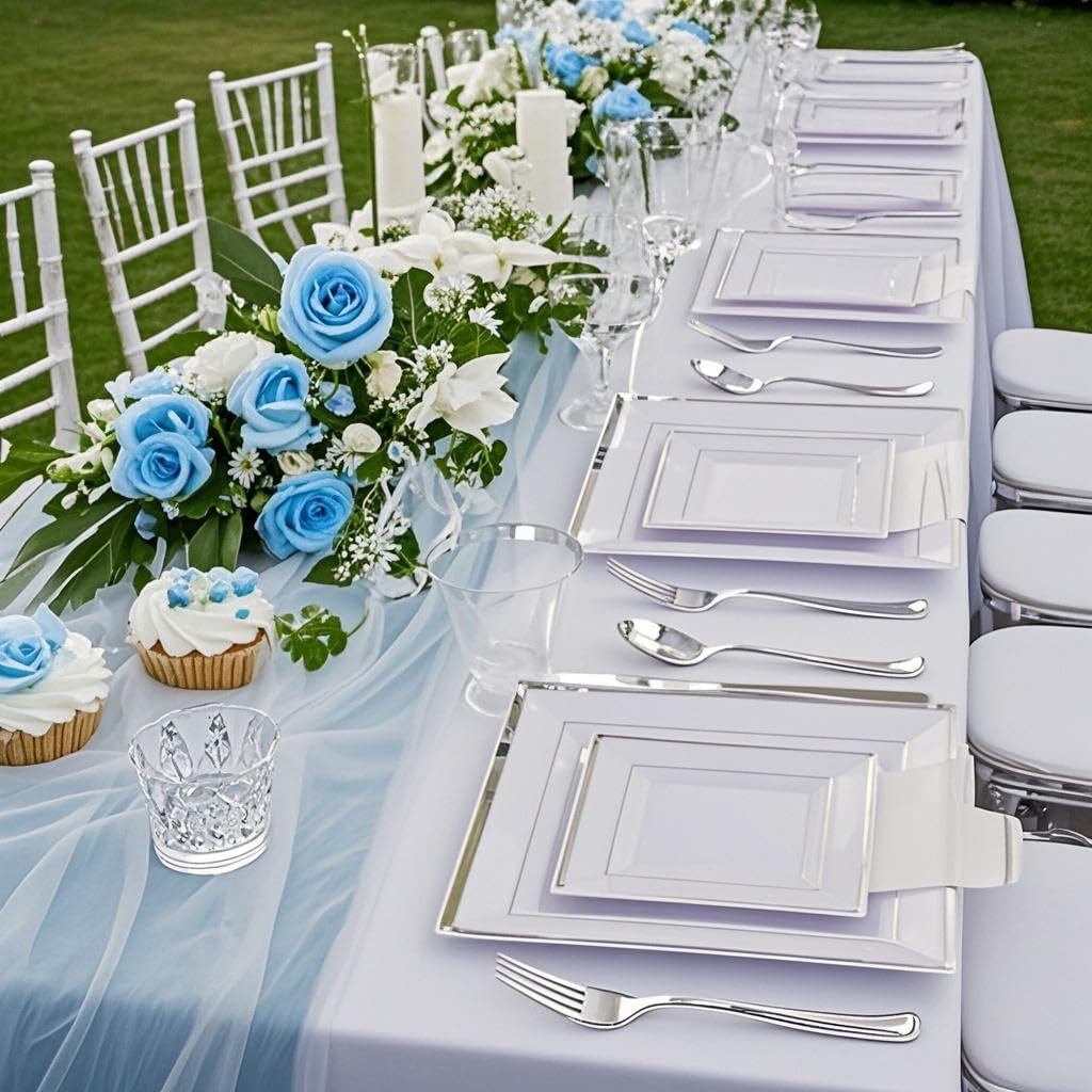 Festiva 350Pcs Silver Plates - Silver Square Plastic Plates 9 .5" and 6" - serve for 50 guests