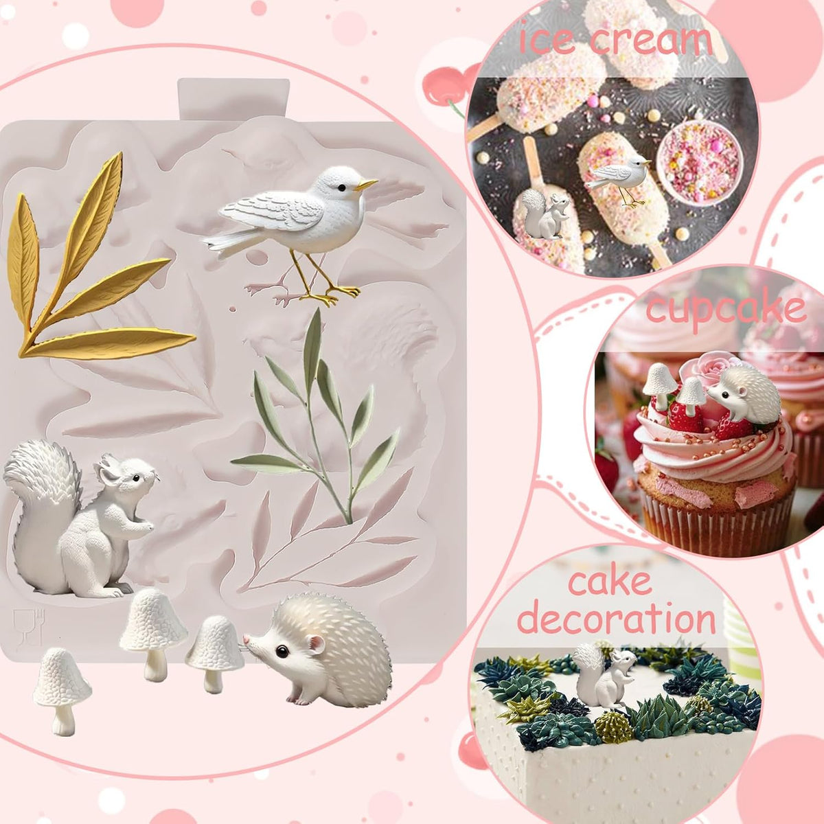 1Pcs Cute Hedgehog Squirrel Silicone Mold, Mushroom Leaf Chocolate Fondant Mold for Cake
