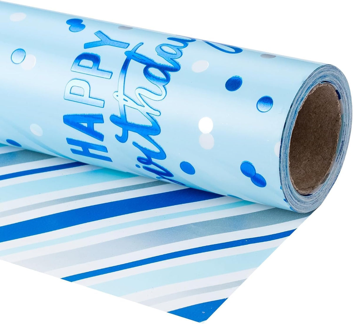 LeZakaa Reversible Blue Birthday Wrapping Paper Roll for Boys Men, Happy Birthday Lettering &