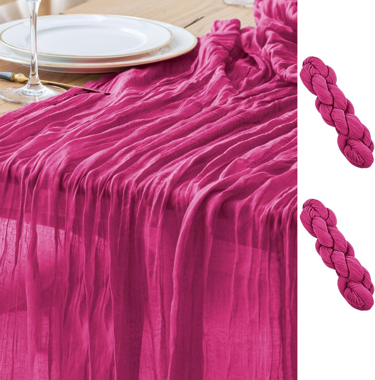 Asee'm 2pcs Cheesecloth Table Runner 120 Inches Long Fuchsia Boho Gauze Cheese Cloth Runner 10FT