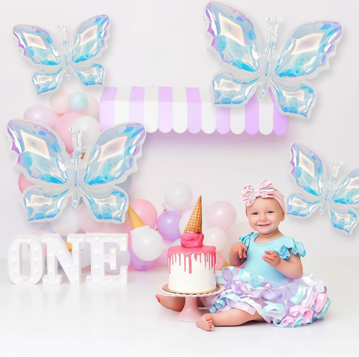 4Pcs Iridescent Foil Balloons, Iridescent Butterfly Foil Balloons, Rainbow Butterfly Holographic