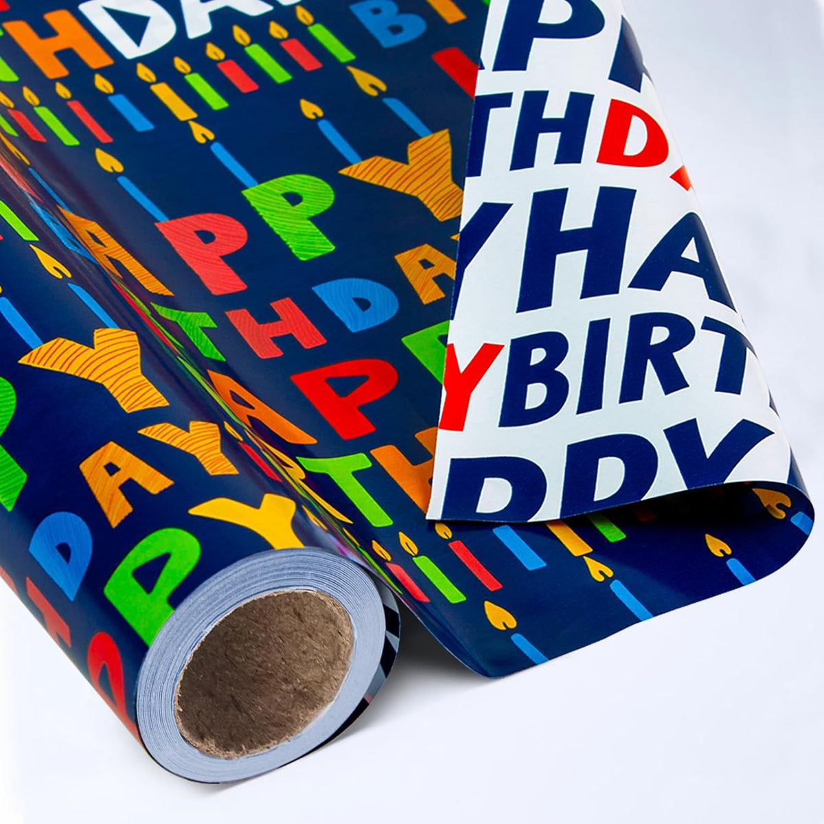 Birthday Wrapping Paper Roll - 30 Inch X 33 Feet - Reversible Metallic Foil Navy Blue Party Hat