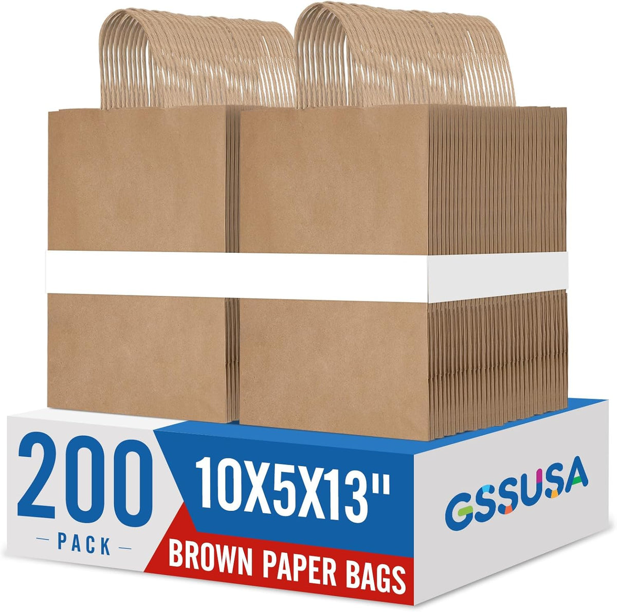 GSSUSA Brown Kraft Paper Gift Bag with Handles, 10x5x13 Bulk Shopping Grocery Paper Bags 200 Pcs