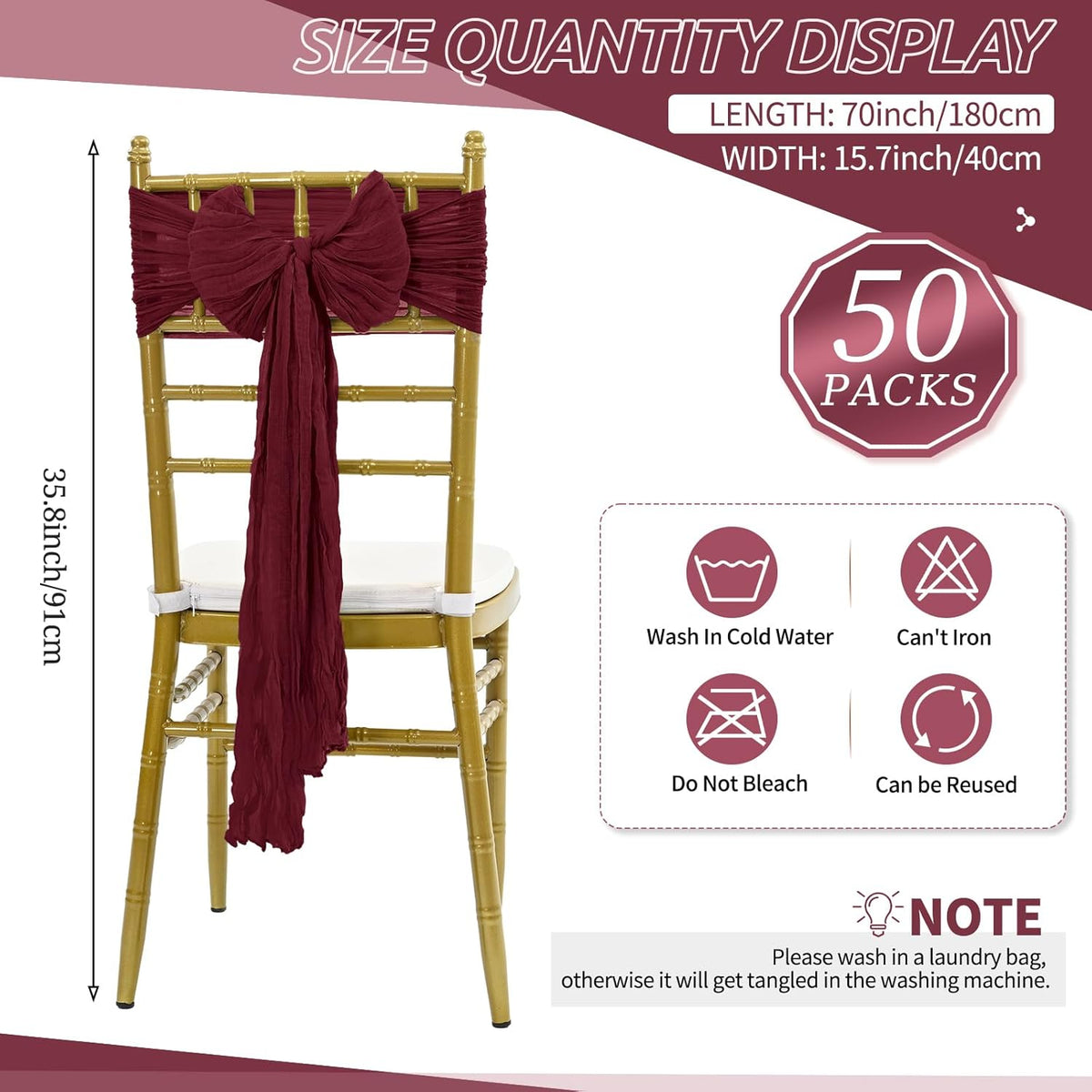 50 PCS Cheesecloth Chair Sashes Bows Wedding Aisle Decorations Chair Ribbon Ties Back Sash for