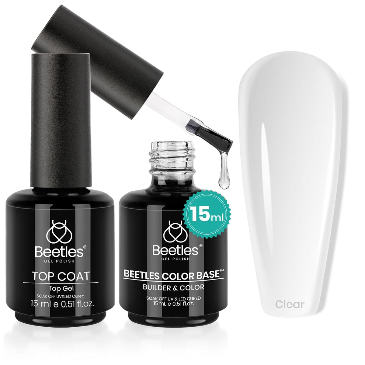 Beetles Gel Top Coat & Clear Rubber Base Gel Polish Set, 2Pcs 15ml Top Coat Nail Polish and Clear