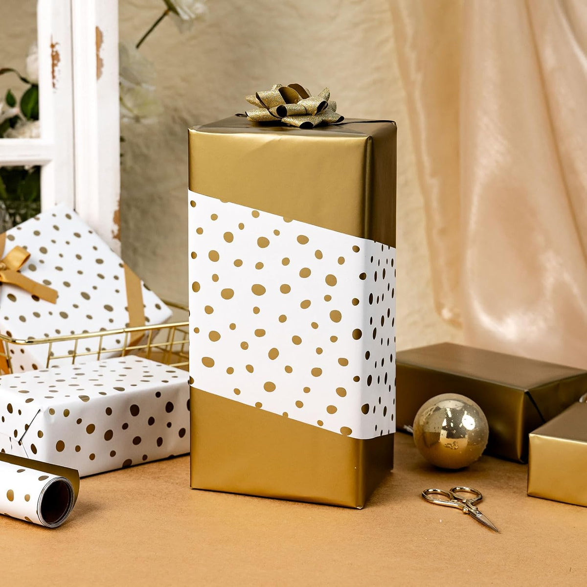 Burymento Golden Lrregular Wave Point Wrapping Paper, Reversible Gold Gift Wrap for Birthday