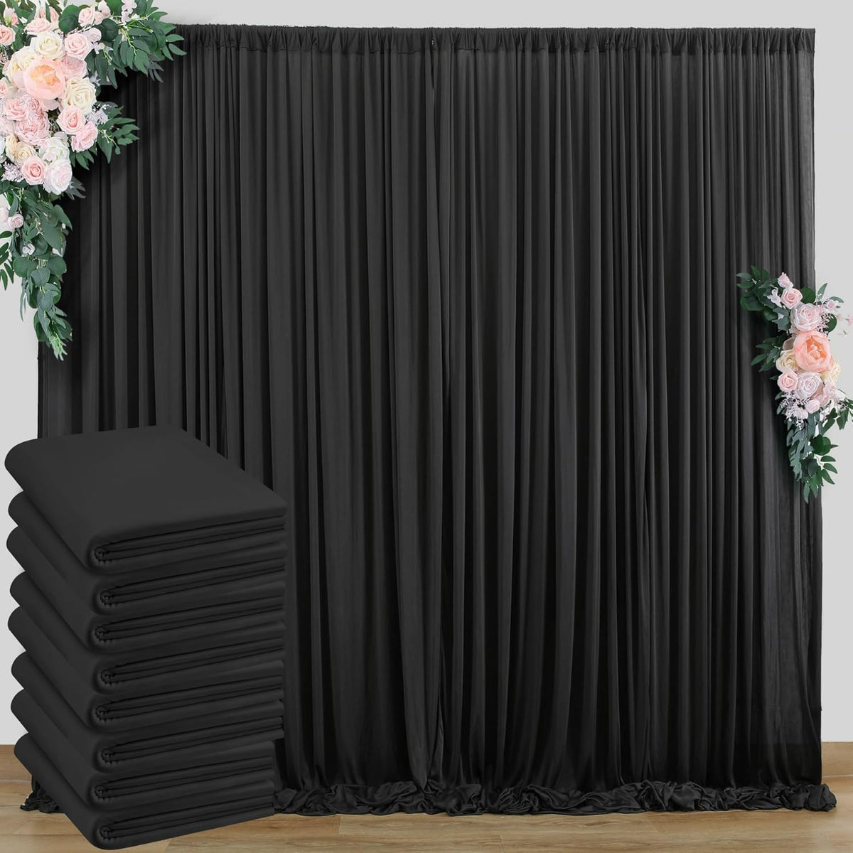 40 ft x 10 ft Wrinkle Free Black Backdrop Curtain for Parties, 8 Panels 10ft Polyester Black Photo