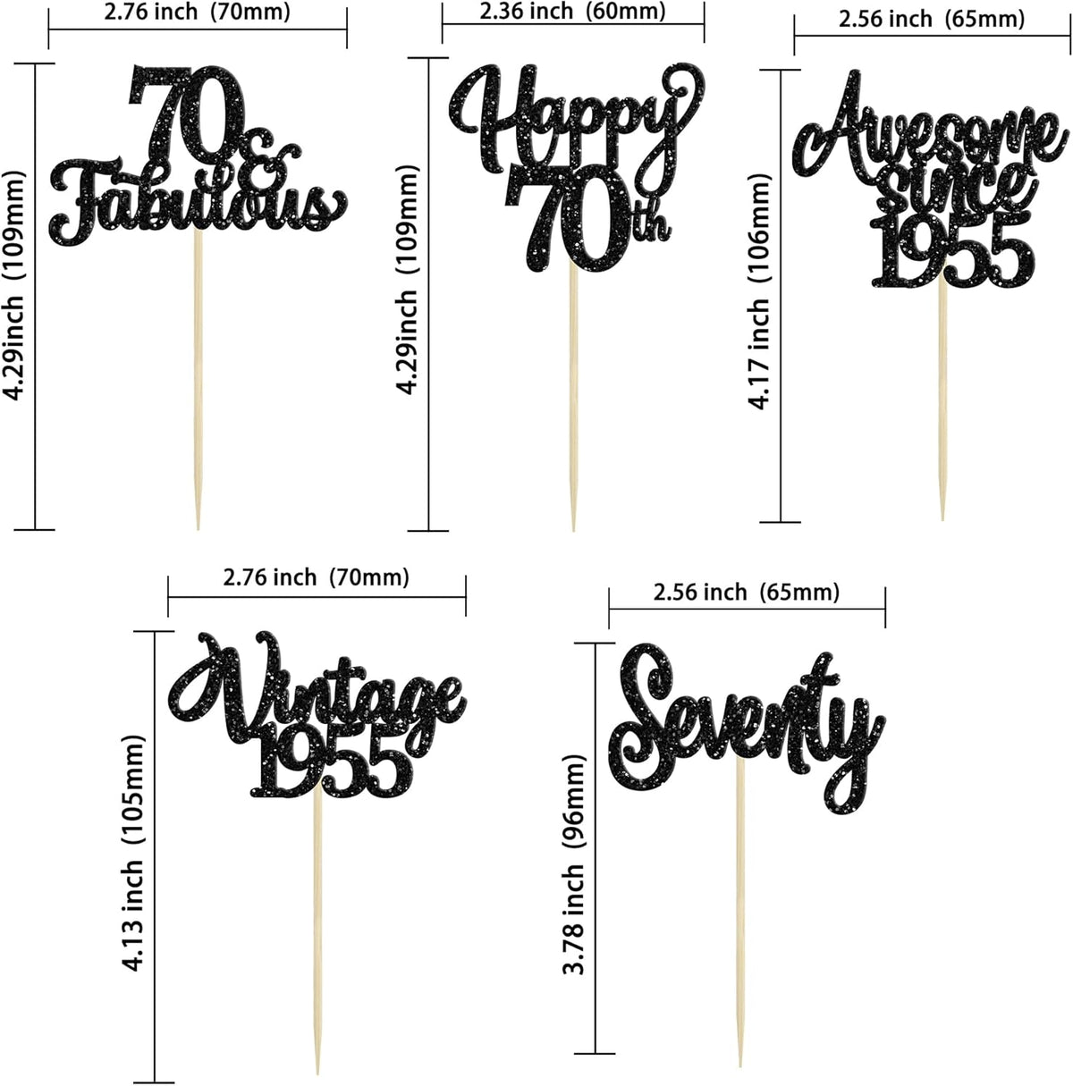 30Pcs Happy 70th Birthday Cupcake Toppers Glitter Seventy Vintage 1955 Cupcake Picks Cheers to 70